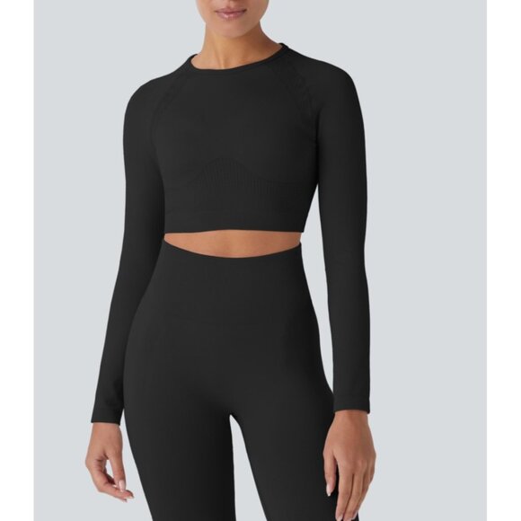 Halara Seamless Flow Round Neck Raglan Long Sleeve Cropped Yoga Top Sz Small Bla - Picture 1 of 7
